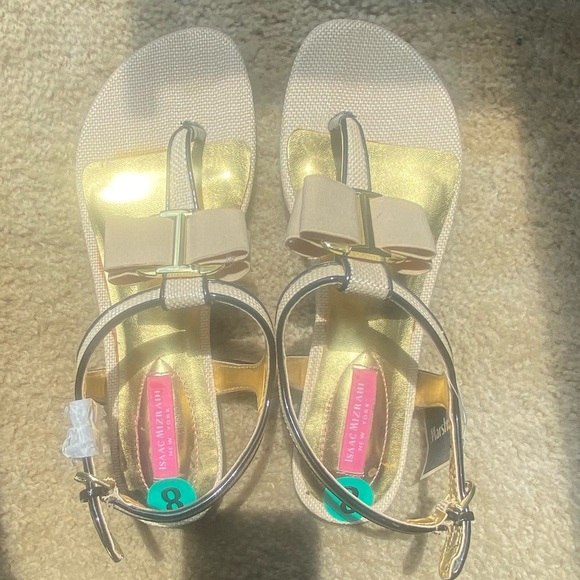 Issac Mizrachi Gold and Cream Sandals with T-Strap Design - Picture 1 of 2